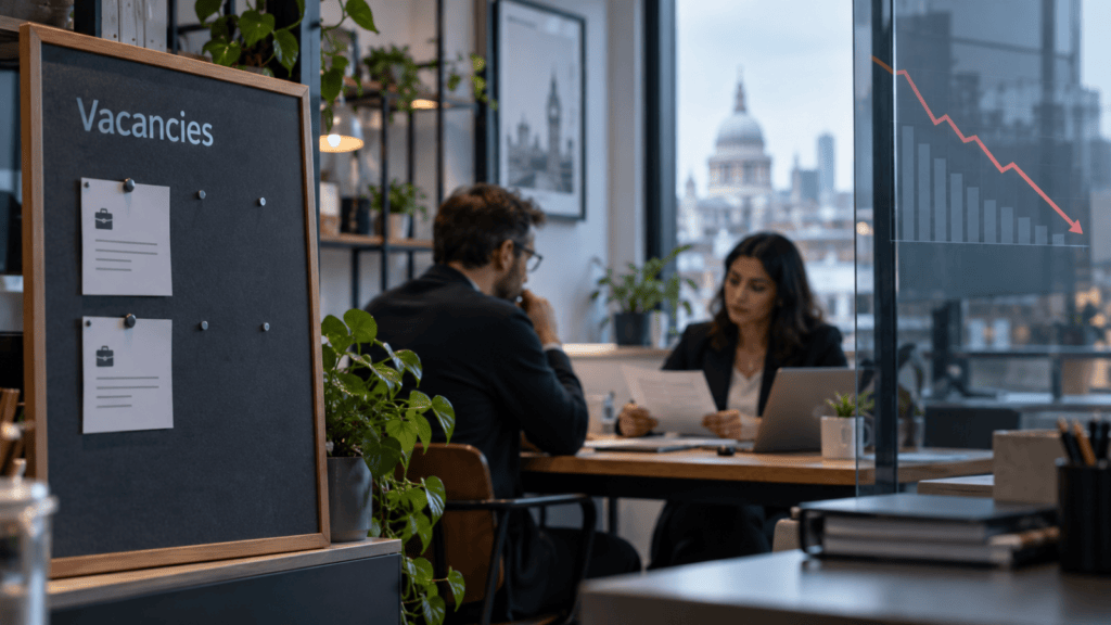 Fire And Rehire: New Rules On Expenses And Shift Patterns 1 Uk Job Vacancies Decline As Employers Review Recruitment Plans, With A Vacancies Noticeboard And Downward Employment Chart In An Office.