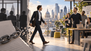 Business professional breaking free from restrictive employment contracts and entering a new workplace, symbolising proposed UK reforms to non-compete clauses and employee mobility.