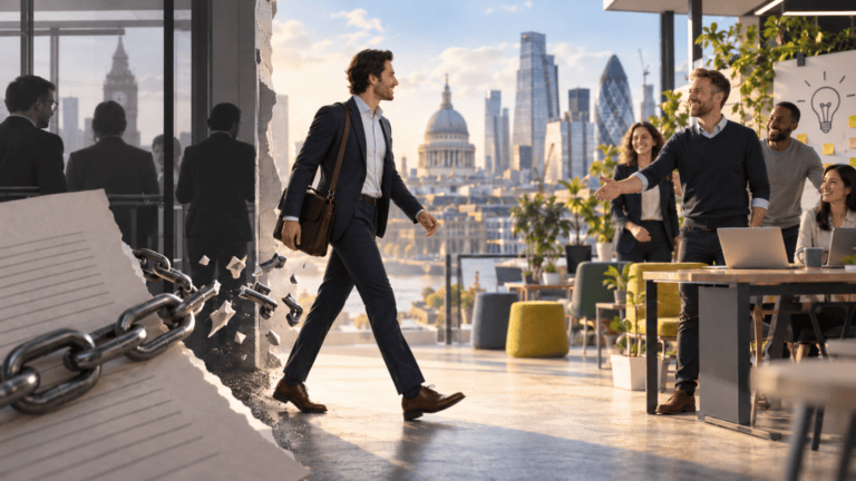 Business Professional Breaking Free From Restrictive Employment Contracts And Entering A New Workplace, Symbolising Proposed Uk Reforms To Non-Compete Clauses And Employee Mobility.