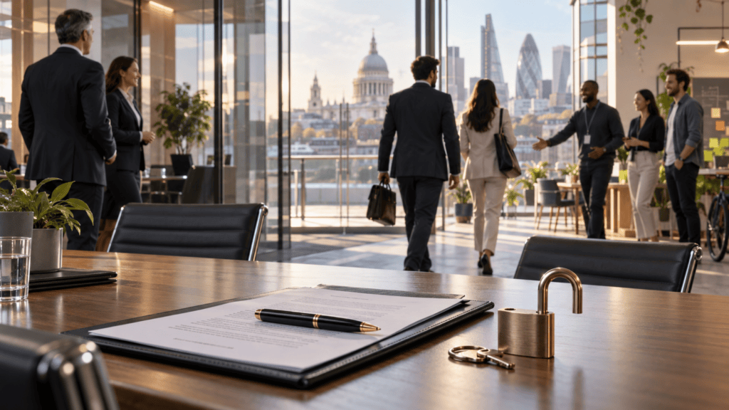 Unlocked Padlock Beside An Employment Contract As Professionals Enter A London Office, Illustrating Proposed Uk Reforms To Non-Compete Clauses And Employee Mobility.