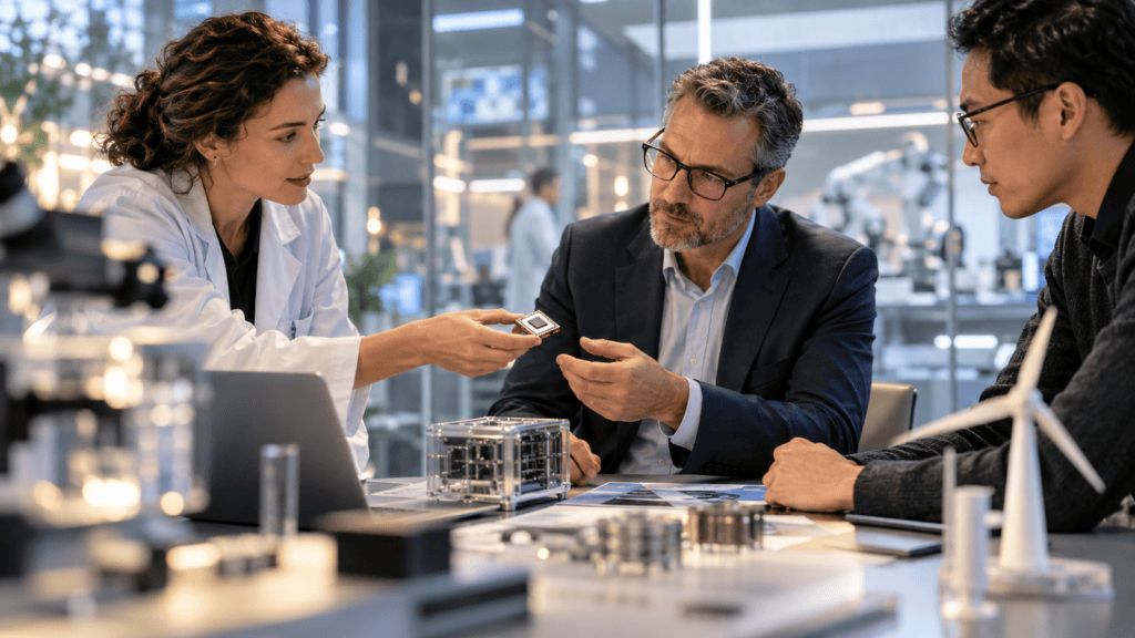 Oxford-Cambridge Corridor: Can Britain Rival Silicon Valley? 3 Scientist Presenting A Semiconductor Chip To Business Professionals In A Technology Laboratory, Illustrating Innovation And Commercialisation In The Oxford-Cambridge Corridor.