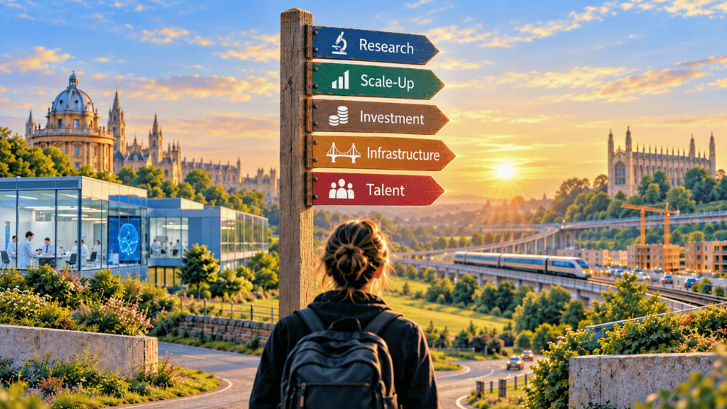 Oxford-Cambridge Corridor: Can Britain Rival Silicon Valley? 2 Illustration Of The Oxford-Cambridge Corridor Showing Research Excellence, Investment, Commercialisation, Infrastructure And Global Talent.