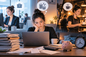 Employee balancing an office job and evening side hustle, illustrating second jobs, financial pressures and the rising cost of living.