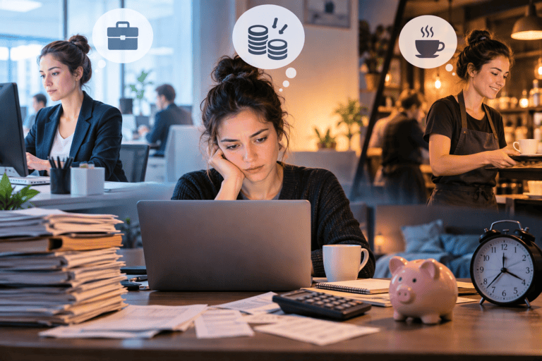 Employment Law &Amp; Settlement Agreement Solicitors 2 Employee Balancing An Office Job And Evening Side Hustle, Illustrating Second Jobs, Financial Pressures And The Rising Cost Of Living.