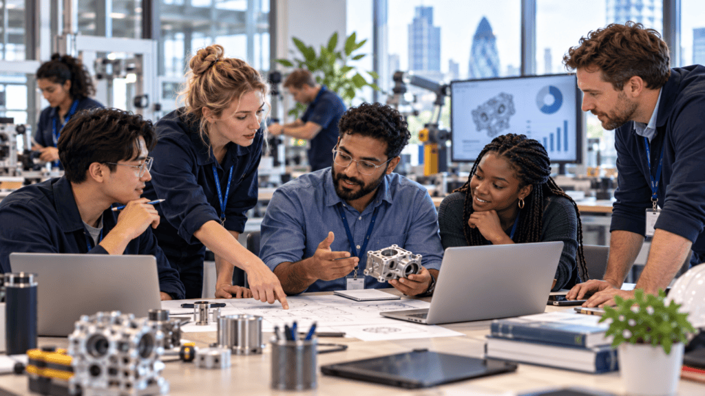 Engineering employees collaborating on technical training and skills development in a modern workplace, illustrating skills shortages and workforce training.